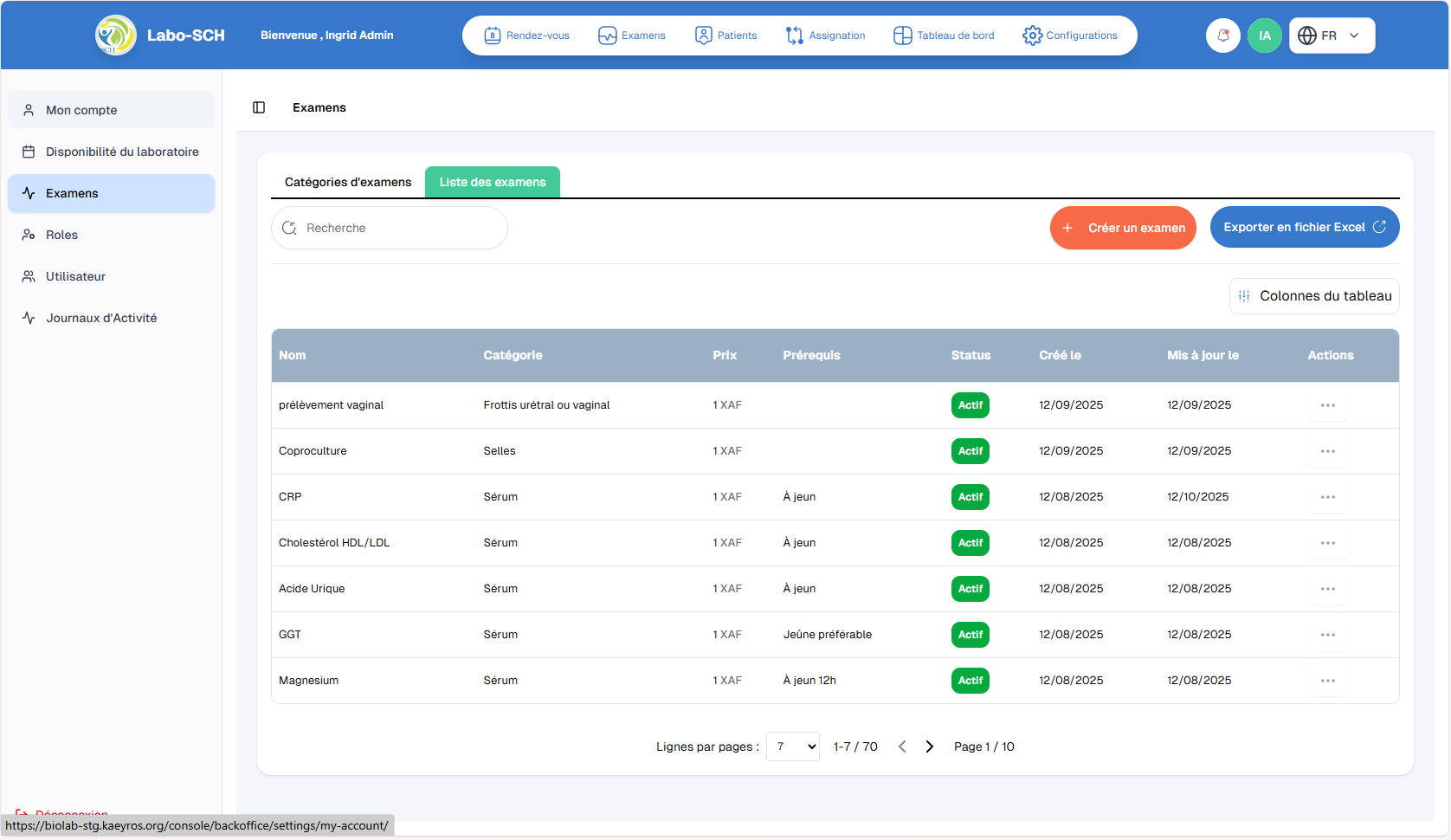 Liste des examens dans Paramètres
