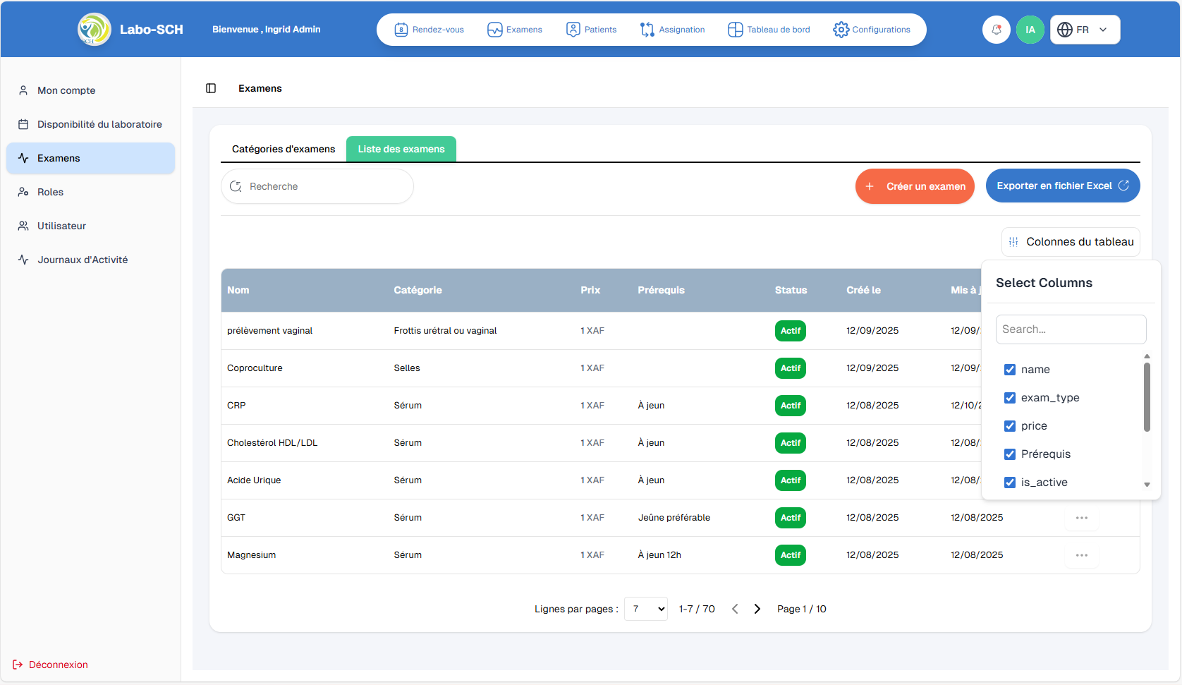 Configuration des colonnes