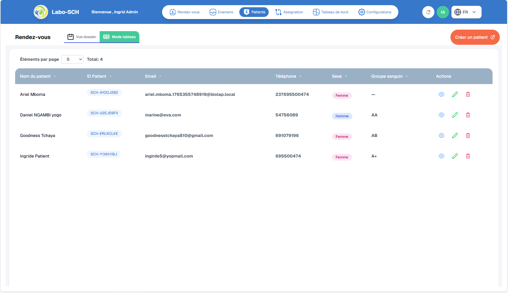 Vue tableau des patients