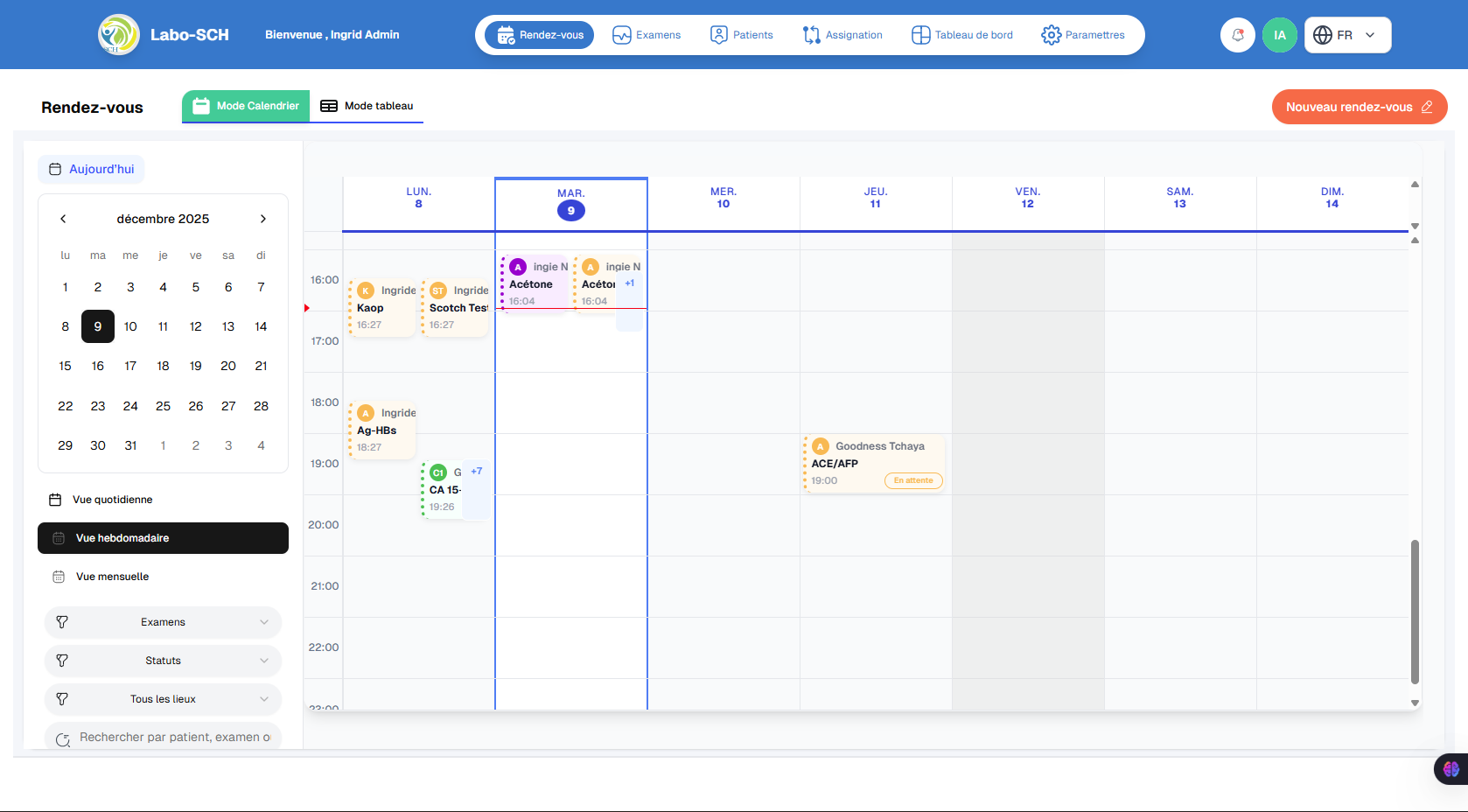 Mode calendrier des rendez-vous