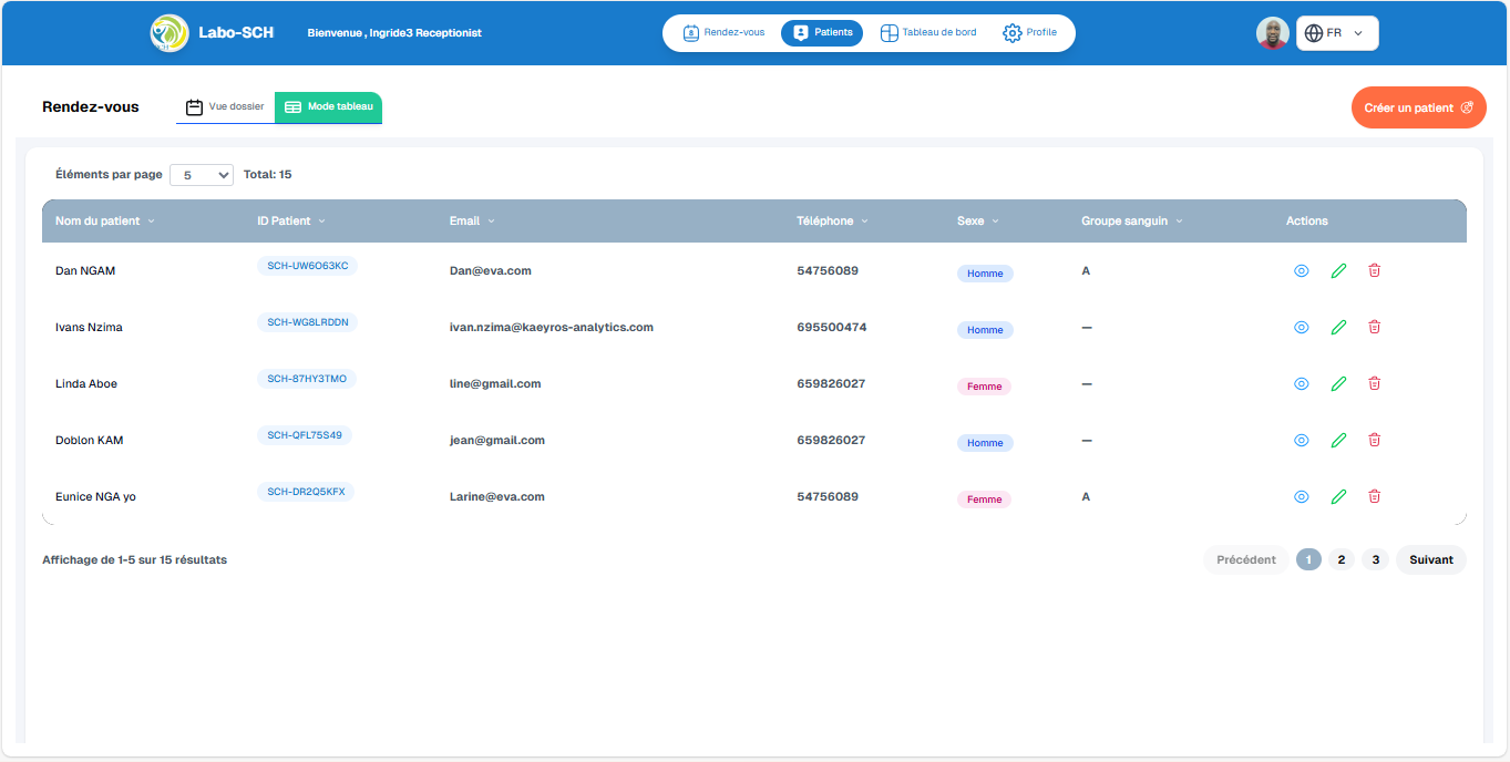 Vue tableau des patients