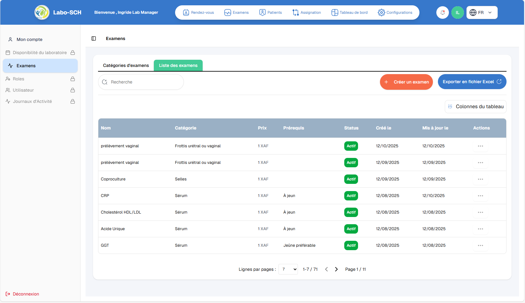 Liste des examens dans Paramètres