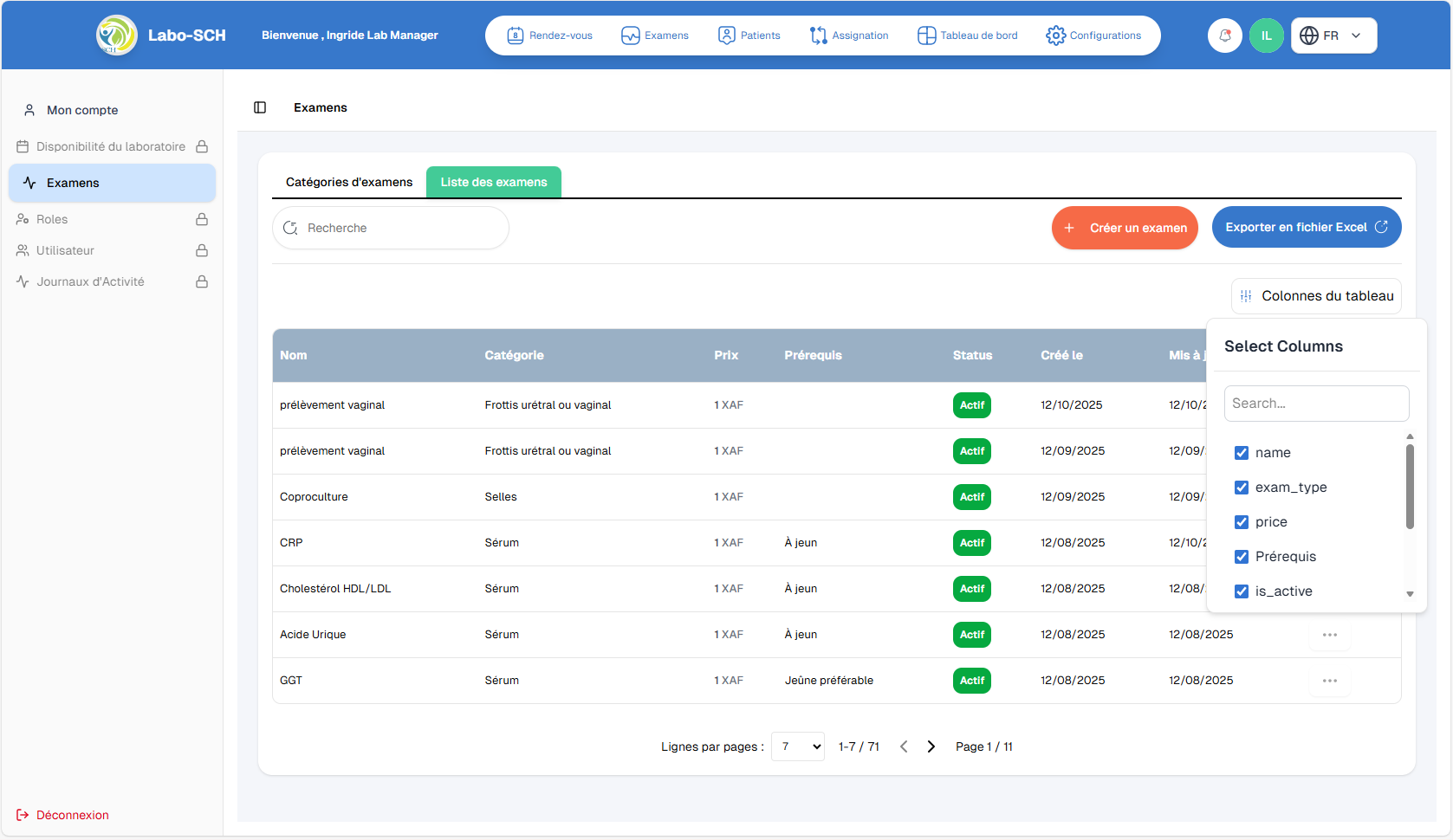 Configuration des colonnes