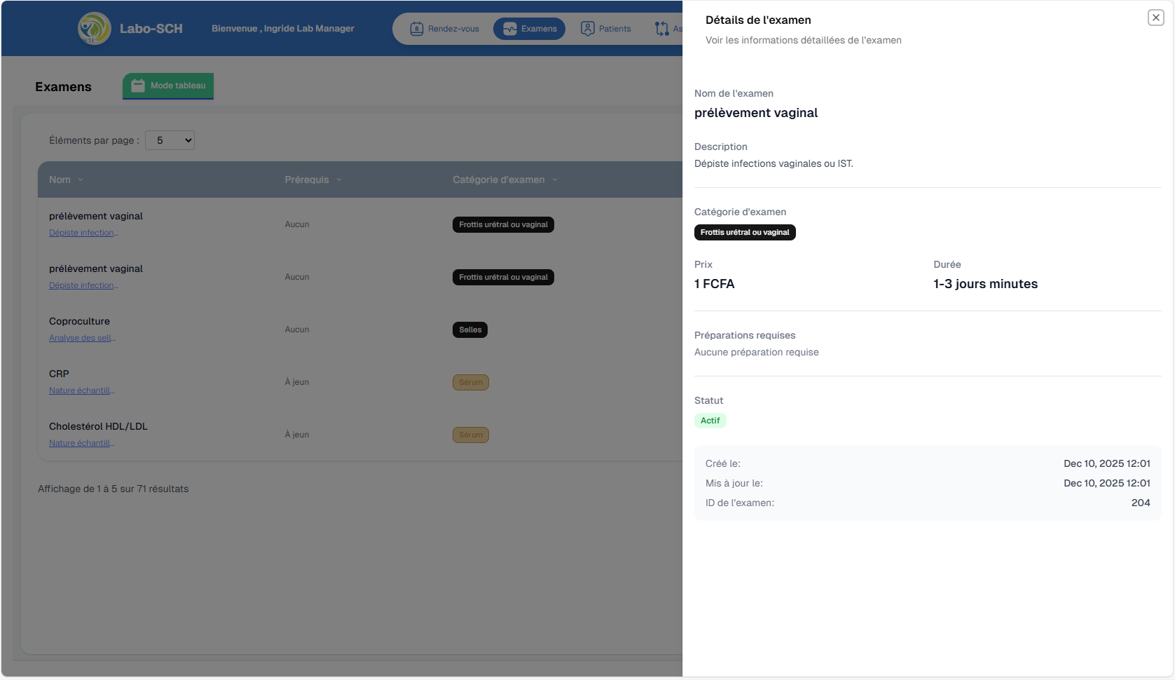 Détails d'un examen