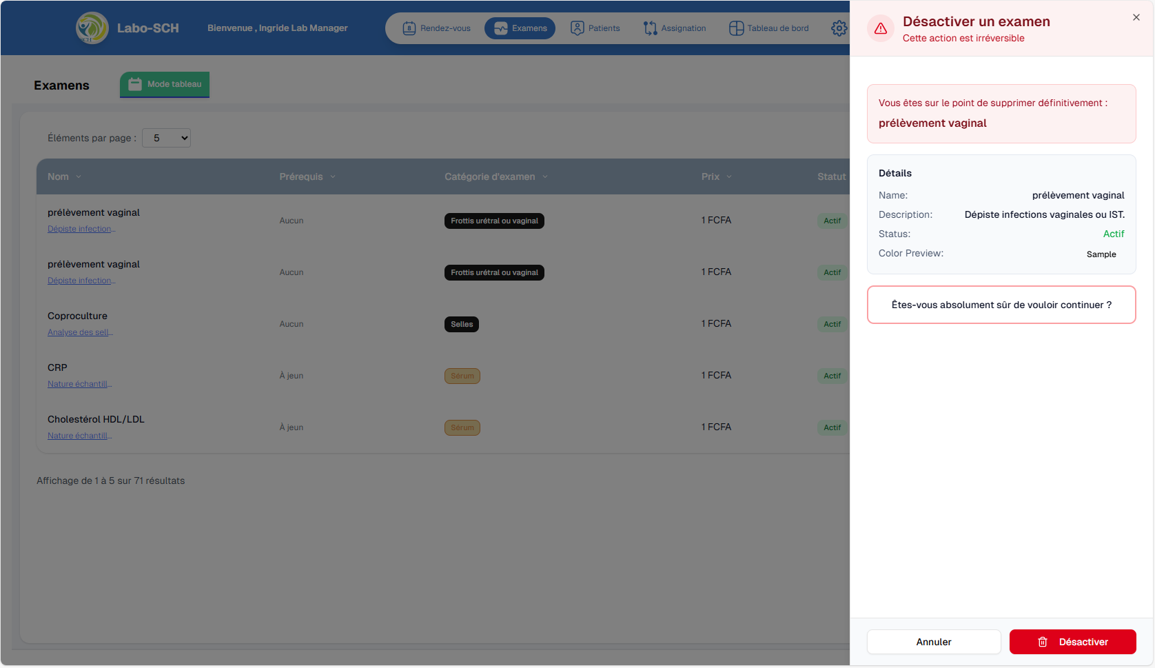 Désactiver un examen