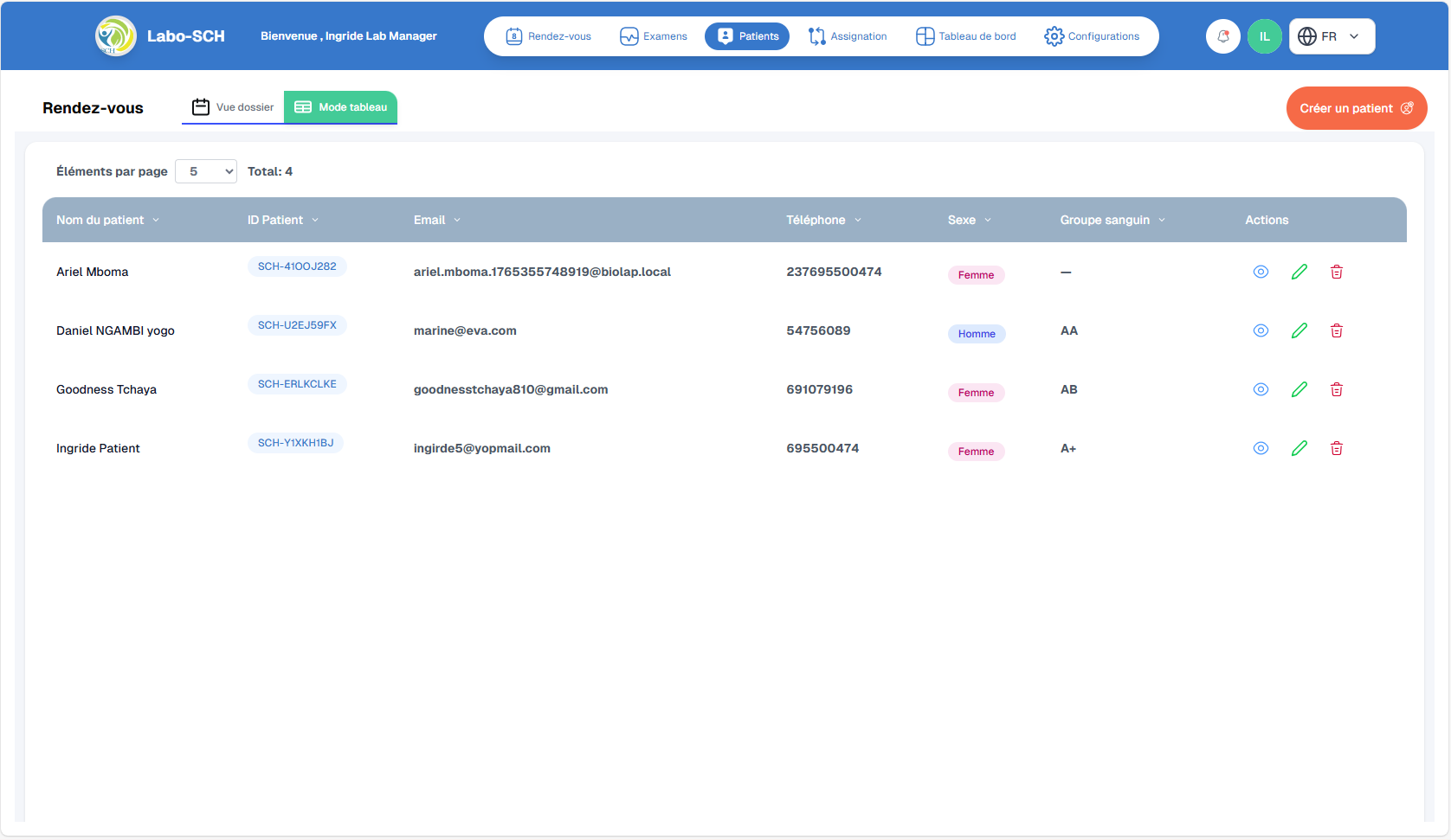 Vue tableau des patients