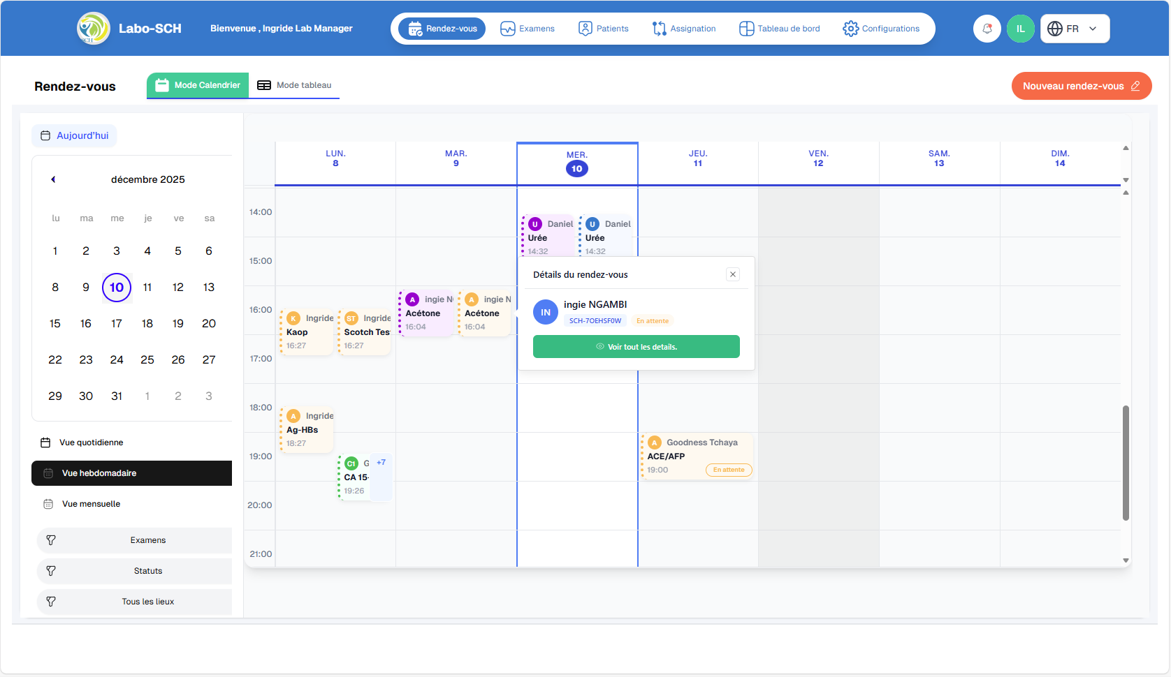 Mode calendrier des rendez-vous